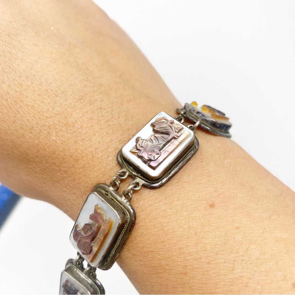 679 Vintage 800 Silver And Mother Of Pearl 7-Day Cameo Link Bracelet
